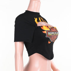 Short sleeve crewneck hollow out letter print cut out top