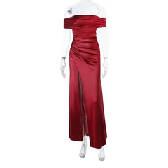 Off shoulder satin slit ruched maxi dress