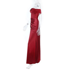 Off shoulder satin slit ruched maxi dress