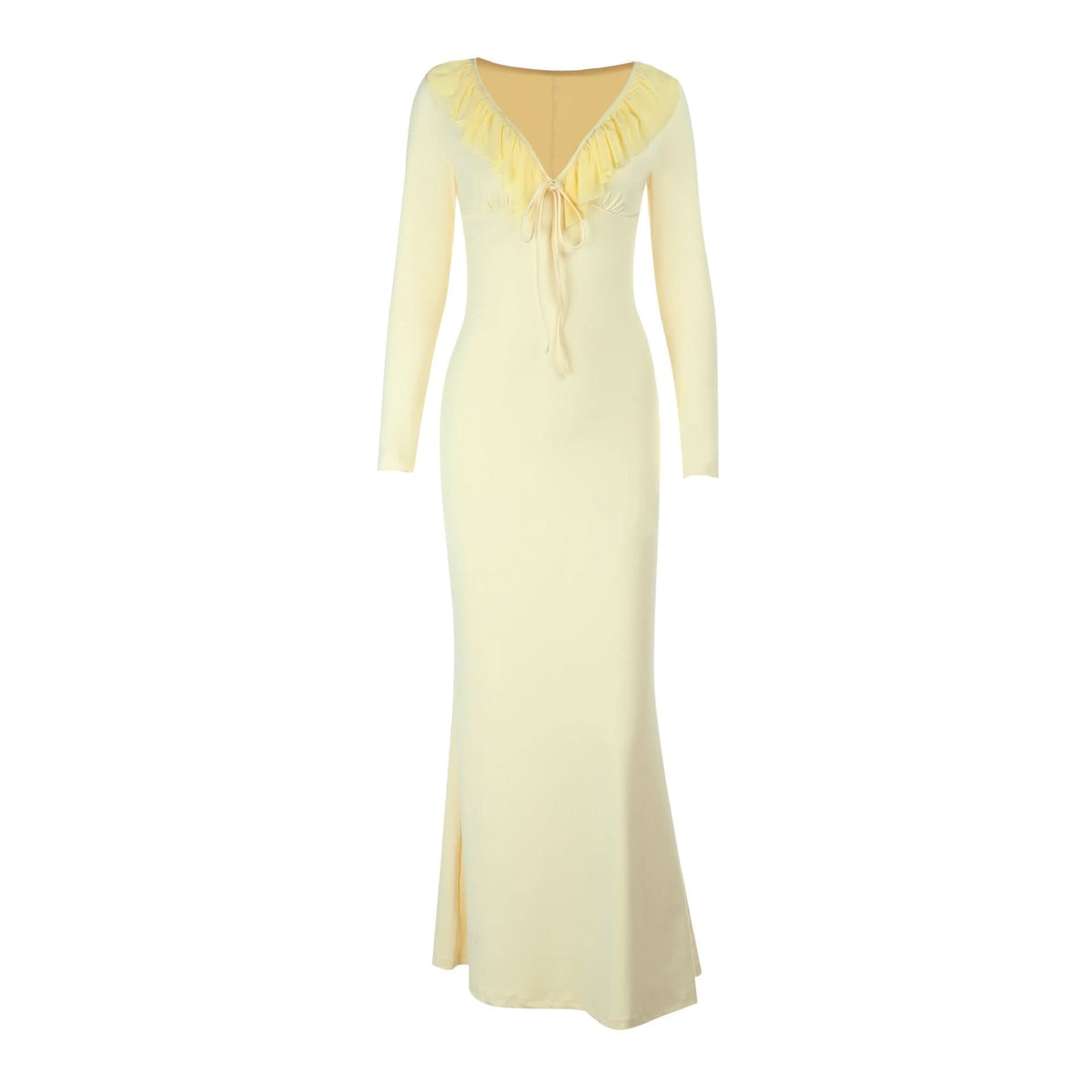 Ruffle v neck self tie long sleeve maxi dress