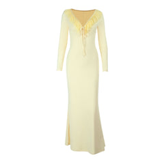 Ruffle v neck self tie long sleeve maxi dress