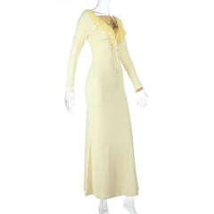 Ruffle v neck self tie long sleeve maxi dress