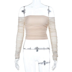 Long sleeve off shoulder ruched mesh tube top
