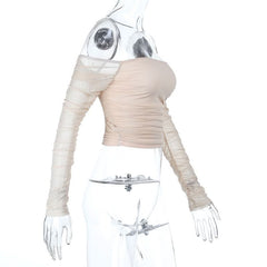 Long sleeve off shoulder ruched mesh tube top
