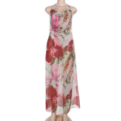 Cowl neck flower print slit self tie maxi dress