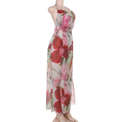 Cowl neck flower print slit self tie maxi dress