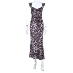 Leopard print ruffle self tie v neck maxi dress