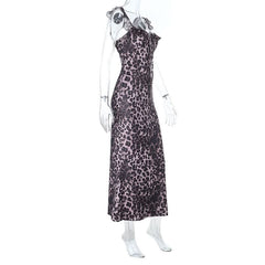Leopard print ruffle self tie v neck maxi dress