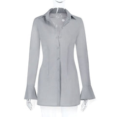 Long flared sleeve turnover collar button top
