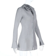 Long flared sleeve turnover collar button top