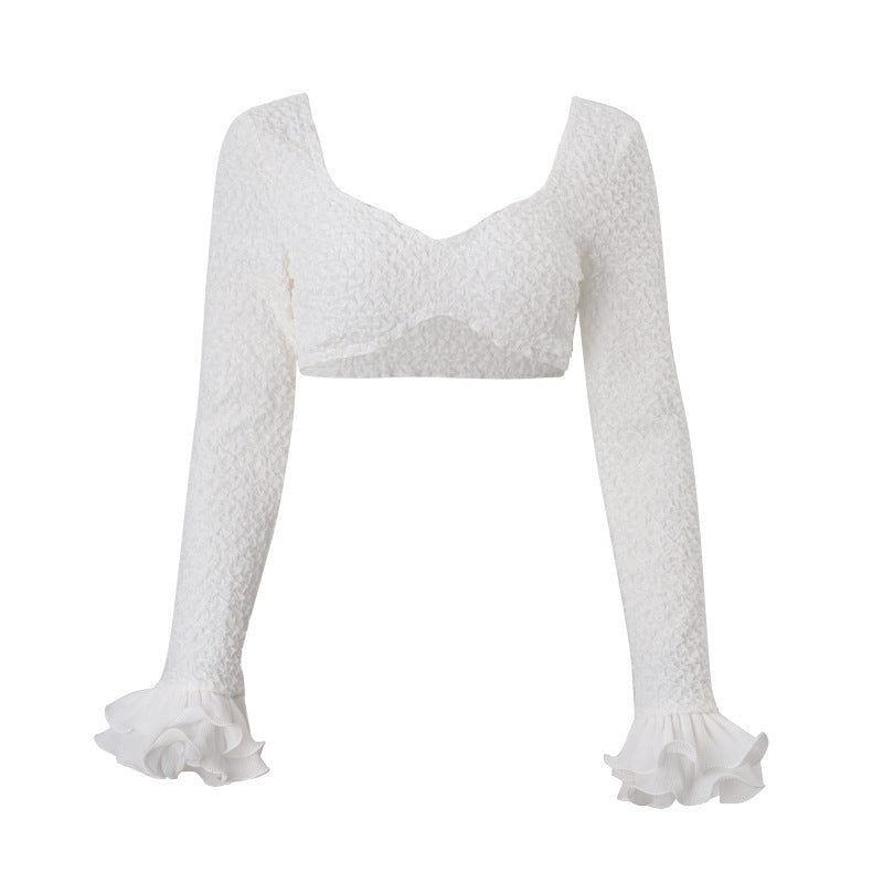 Long sleeve ruffle solid crop top