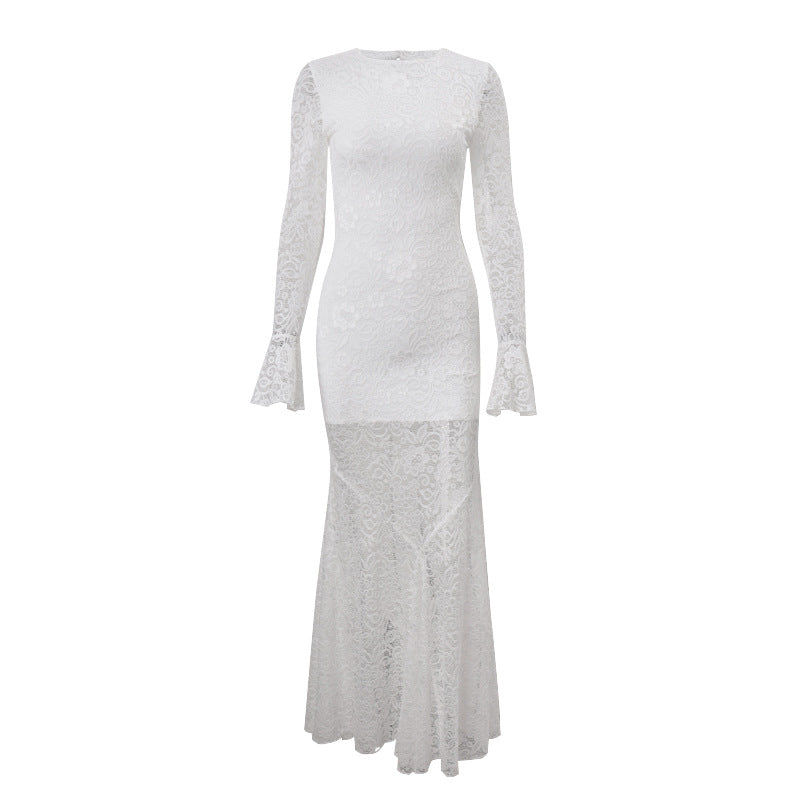 Long sleeve lace crewneck hollow out cut out maxi dress