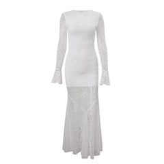 Long sleeve lace crewneck hollow out cut out maxi dress