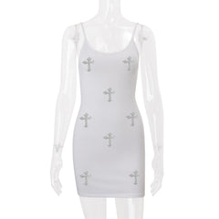 U neck beaded cross pattern backless cami mini dress