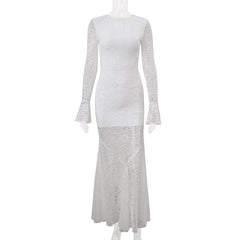 Long sleeve lace crewneck hollow out cut out maxi dress