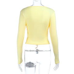 Long sleeve v neck lace hem self tie top