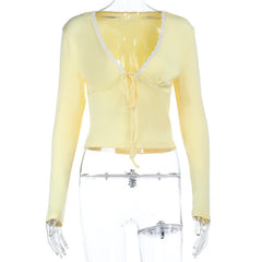 Long sleeve v neck lace hem self tie top