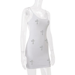U neck beaded cross pattern backless cami mini dress