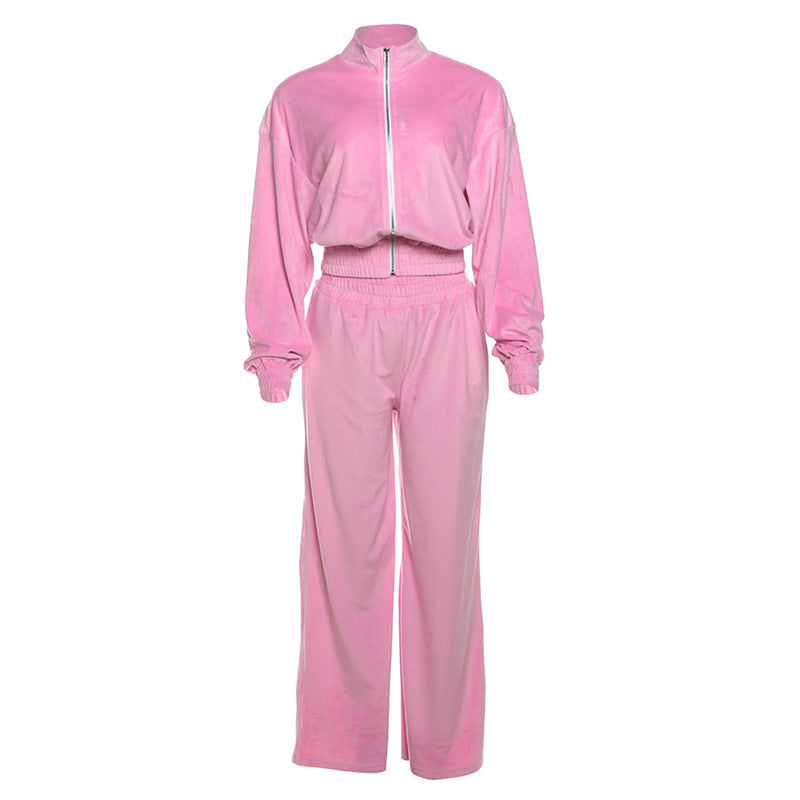 Long sleeve zip-up velvet high neck pant set