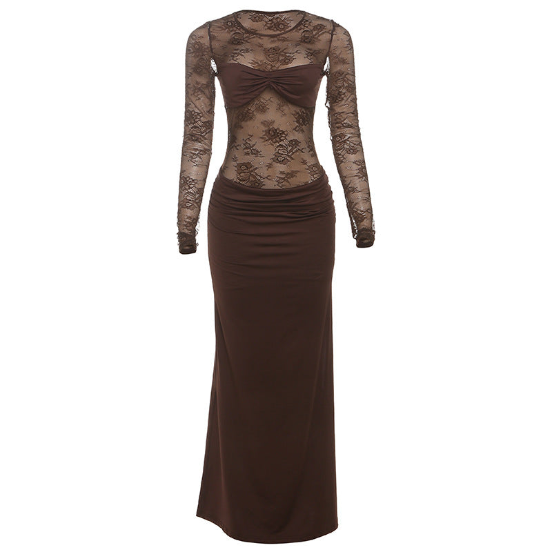 Long sleeve ruched crewneck lace maxi dress