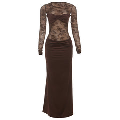 Long sleeve ruched crewneck lace maxi dress