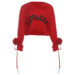 Long sleeve v neck flower applique letter pattern top