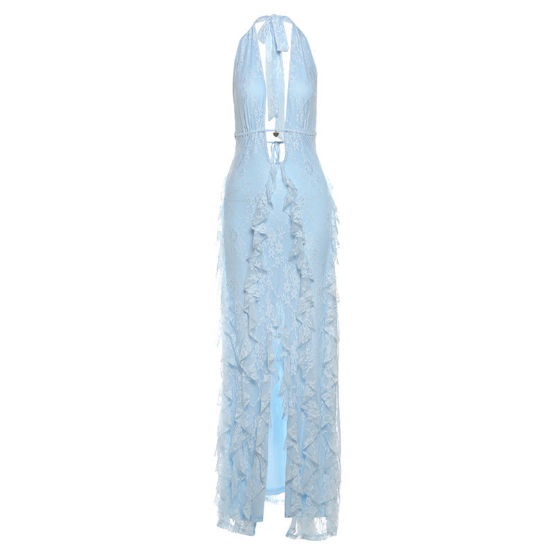 Halter deep v neck ruffle slit maxi dress