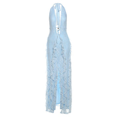 Halter deep v neck ruffle slit maxi dress