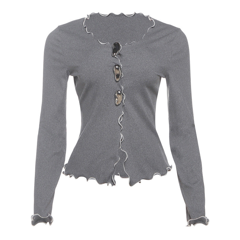 Long sleeve ruffle hollow out solid cut out top
