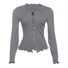 Long sleeve ruffle hollow out solid cut out top