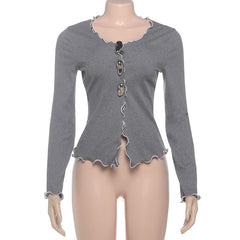 Long sleeve ruffle hollow out solid cut out top