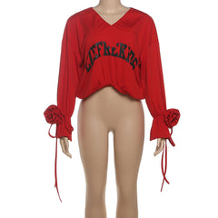 Long sleeve v neck flower applique letter pattern top