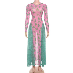 Long sleeve mesh crewneck print maxi dress