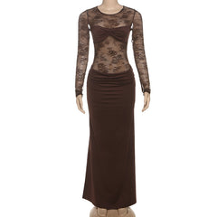 Long sleeve ruched crewneck lace maxi dress