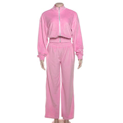 Long sleeve zip-up velvet high neck pant set