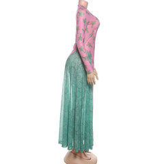 Long sleeve mesh crewneck print maxi dress