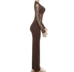 Long sleeve ruched crewneck lace maxi dress
