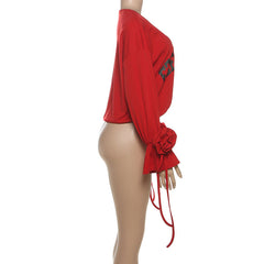 Long sleeve v neck flower applique letter pattern top