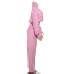 Long sleeve zip-up velvet high neck pant set