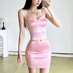 V neck lace hem spaghetti strap mini skirt set