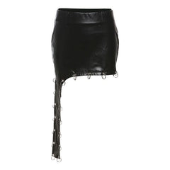 Irregular o ring PU leather hollow out cut out mini skirt