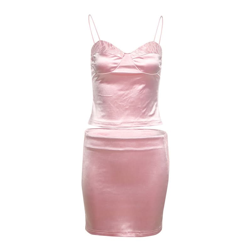V neck lace hem spaghetti strap mini skirt set