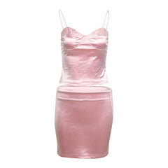 V neck lace hem spaghetti strap mini skirt set