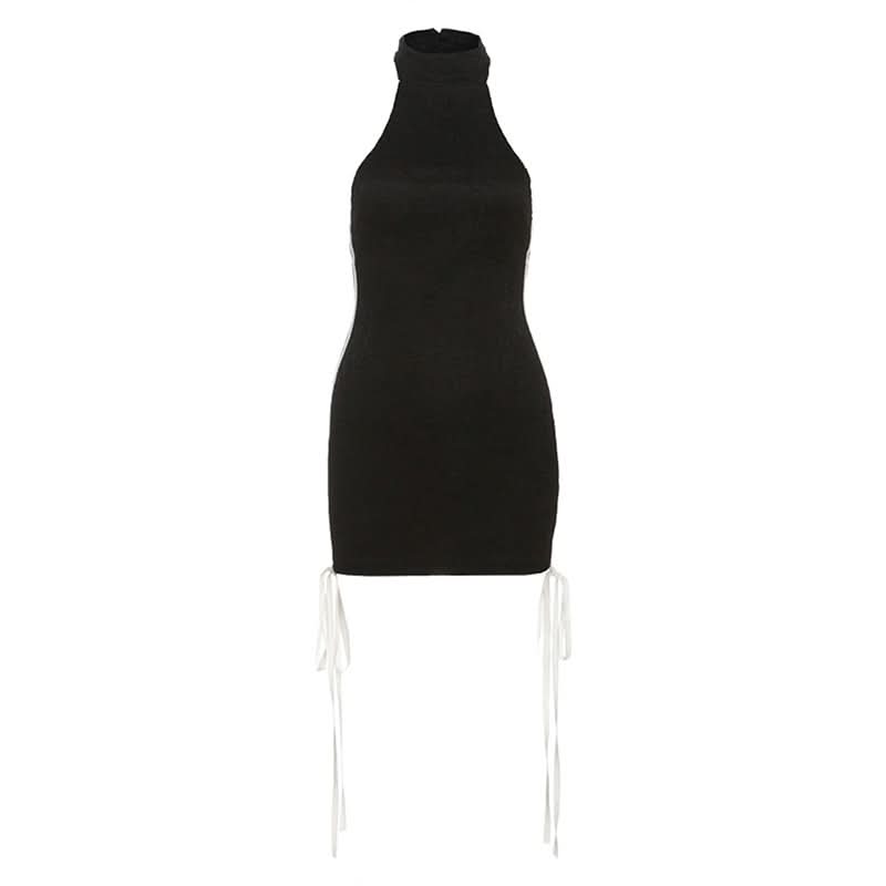 Lace halter button self tie backless mini dress