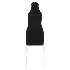 Lace halter button self tie backless mini dress
