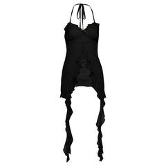 Mesh ruffle self tie v neck halter top