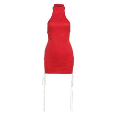 Lace halter button self tie backless mini dress