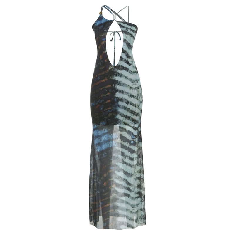 Hollow out self tie mesh irregular print cut out maxi dress