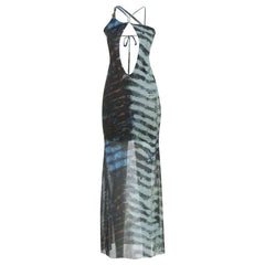 Hollow out self tie mesh irregular print cut out maxi dress