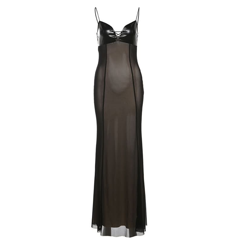Mesh v neck PU leather spaghetti strap maxi dress